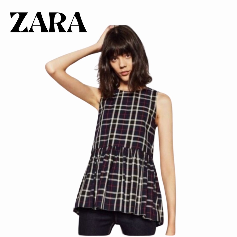 Zara Womens Trafaluc Sleeveless Plaid Checkered Tunic Peplum Blouse